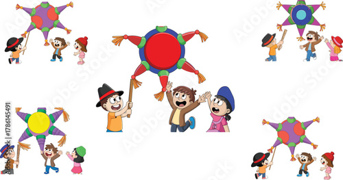 Happy children playing traditional piñata game with colorful star piñata, festive cartoon illustration of kids celebrating birthday or holiday party
