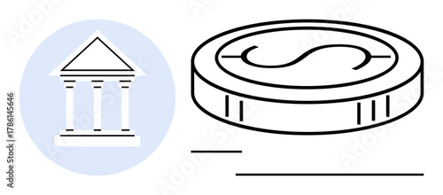 Bank building icon and dollar coin outline signifying money flow, savings, or investments. Ideal for finance, banking, economics, wealth management, budgeting, institutional frameworks flat metaphor