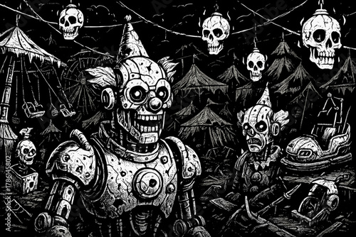 Cyberpunk Carnival Chaos. Nightmarish cyberpunk carnival with robotic clowns, broken rides, and neon skull lanterns, black and
