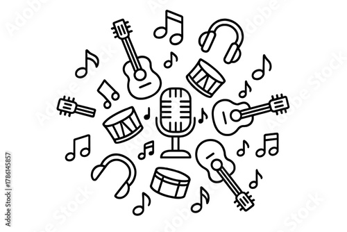 Musical Mandala Coloring Page. Musician’s microphone in the center with guitars, notes, drums, and headphones radiating outward in