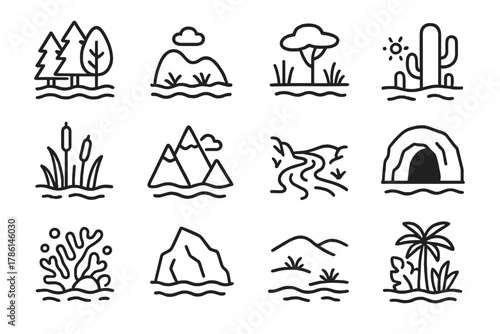 Ecosystem Line Icons. Line style icons of ecosystems: forest, tundra, grassland, desert; wetland, mountain, river, cave; coral