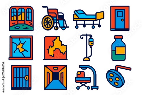 Forgotten Sanatorium Icons. Flat vector icons of Forgotten Sanatorium: abandoned sunroom, rusted wheelchair, old medical bed,