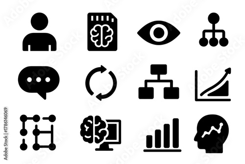 Cognitive Science Icons. Solid style icons of cognitive science: experimental subject, memory card brain, perception eye, decision
