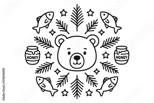 Bear Mandala Coloring Page. Bear face in the center with fish, honey jars, pine branches, and stars radiating outward in a mandala