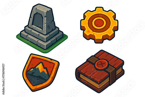 Explorer's Legacy Icons. Isometric vector illustration set Legacy of the Explorer: Memorial stone marker, engraved gear wheel,
