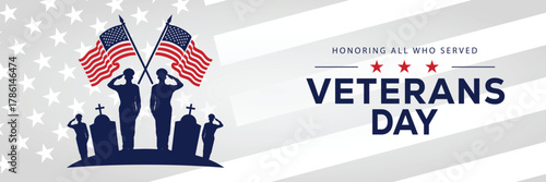 Veterans Day banner with a soldier silhouette saluting, flanked by American flags, set against a background of stars and stripes. Honors veterans and service members who served the USA.
