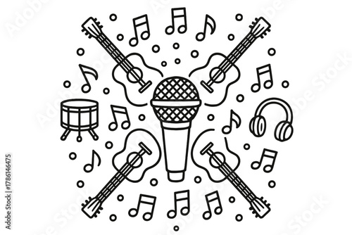 Musical Mandala Coloring Page. Musician’s microphone in the center with guitars, notes, drums, and headphones radiating outward in