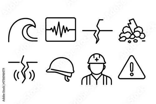 Coastal Earthquake Icons. Line style icons of Coastal Earthquake: Tsunami Wave, Seismogram, Cracked Ground, Rubble, Aftershock,