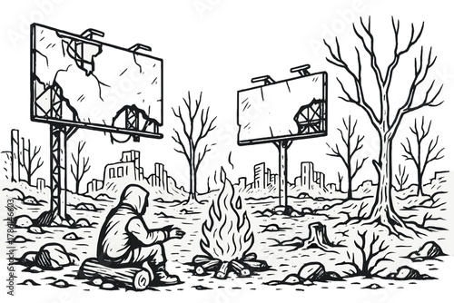 Post-Apocalyptic Campfire Scene. Post-apocalyptic wasteland with destroyed billboards, lonely survivor’s campfire, and skeletal