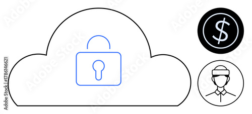 Lock icon inside cloud outline with dollar symbol and person in blindfold nearby. Ideal for cybersecurity, online fraud prevention, privacy, cloud storage, financial safety, encryption, simple flat