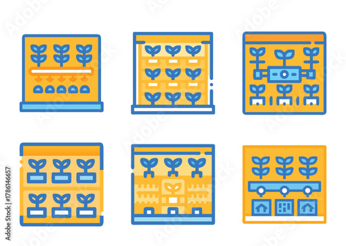 Icon set showing different hydroponic growing setups and methods for cultivating plants