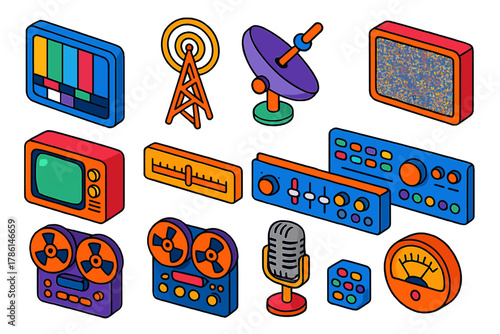 Analog Broadcast Icons. Isometric vector illustration set Analog Broadcast: monochrome bars test card, radio broadcast tower, roof