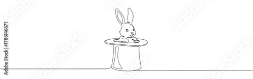 Continuous one line drawing of a rabbit in a magician's hat. Concept of magic, illusion and performance
