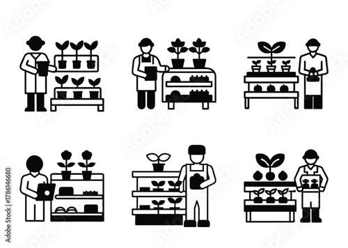 Pictogram collection of gardeners working in indoor hydroponic farms