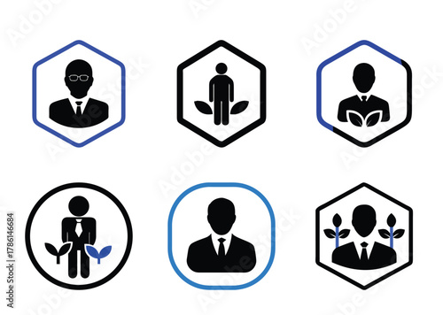 Selection of People and Sustainability Icons within Geometric Shapes and Simple Designs