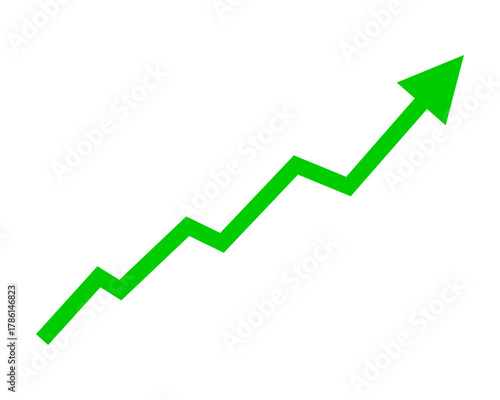 Isolated green arrow going up, green trending arrow icon.
