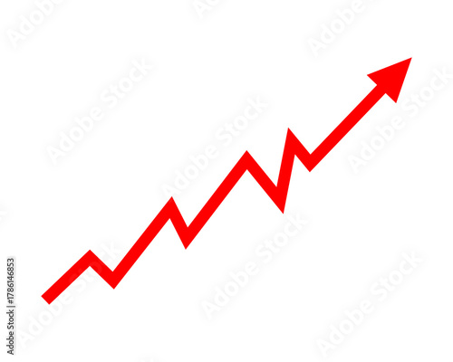 Isolated red arrow going up, red trending arrow icon.