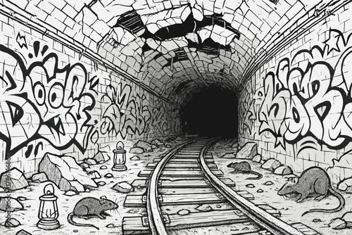 Abandoned Graffiti Tunnel. Abandoned subway tunnel with graffiti walls, collapsed ceiling, rats, and glowing lanterns left behind,