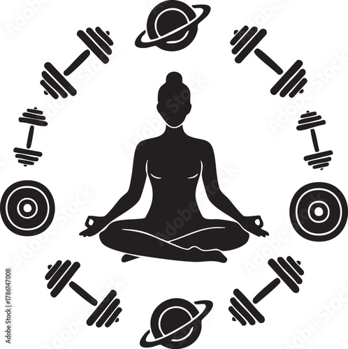 Cosmic Yoga Orbit: Meditating Woman Surrounded by Dumbbell Planets