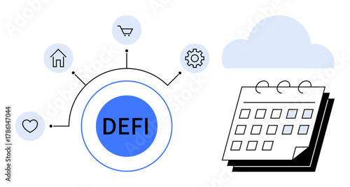 DEFI hub displaying heart, home, shopping cart, gear icons for finance activities, linked beside a calendar and cloud. Ideal for finance, innovation, technology, time management blockchain economy