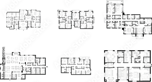 Collection of six architectural floor plans for residential apartments
