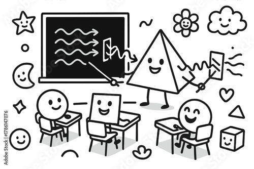 Light Physics Fun. Friendly doodle classroom with a happy teacher prism showing polarized light to smiling students, blackboard