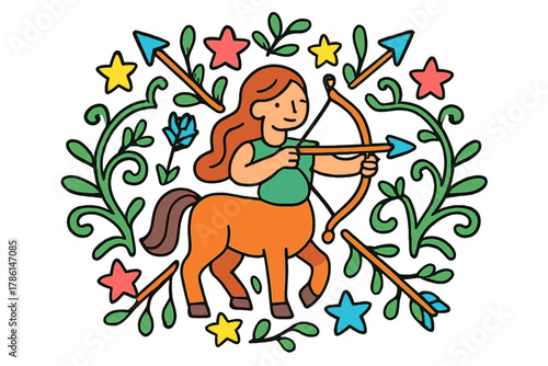 Mythical Centaur Mandala. Centaur in the middle with bows, arrows, vines, and stars radiating outward in mythical mandala design,