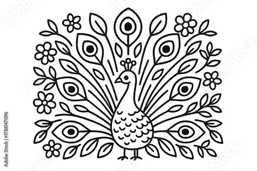 Peacock Coloring Page. Peacock in the middle with tail feathers, eyespots, flowers, and leaves radiating outward in symmetrical