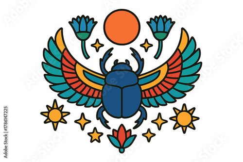 Egyptian Scarab Mandala. Scarab beetle in the center with Egyptian wings, suns, lotuses, and stars arranged in a sacred mandala