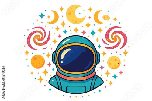 Cosmic Mandala Helmet. Astronaut helmet in the middle with galaxies, moons, sparkles, and stars arranged in futuristic mandala