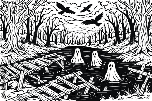 Mystical Swamp Scene. Dark swamp hidden in the forest with broken wooden bridges, ghostly figures in the water, and crows overhead