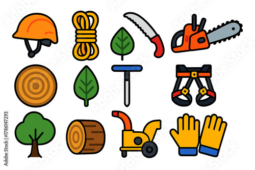 Arboriculture Icon Set. Flat vector icons of arboriculture: arborist helmet, climbing rope, pruning saw, chainsaw, tree