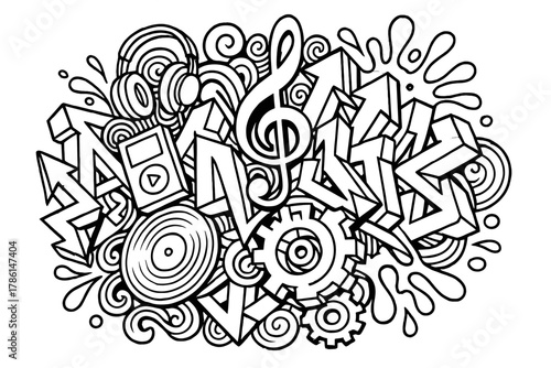 Abstract Musical Geometry. Dynamic abstract pattern mixing music, paint splashes, gears, and geometric graffiti letters, black and