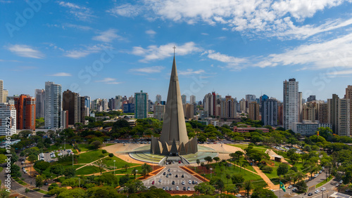 Aerial View of Maringa, Cathedral and downtown. Several buildings. Paraná, Brazil.