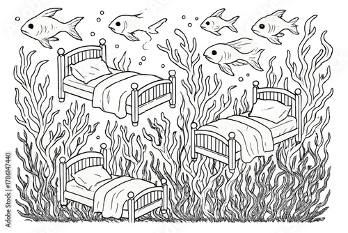 Underwater Dreamscape. Dreamlike underwater nightmare with floating beds, ghostly fish, and tangled seaweed resembling hands,