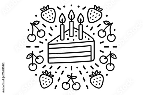 Cake Mandala Art. Slice of cake in the center with candles, cherries, sprinkles, and strawberries radiating outward in mandala