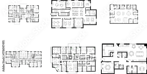 Set of six detailed architectural floor plans for various apartment layouts