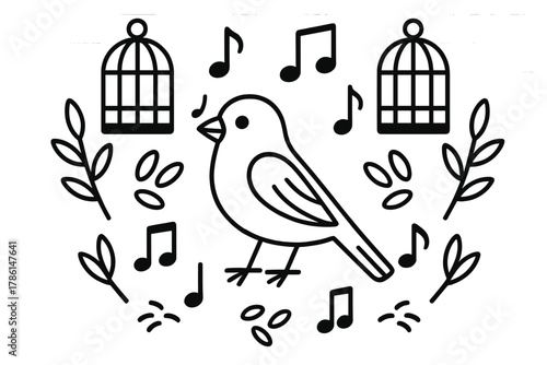 Canary Symphony Coloring Page. Canary bird in the center with musical notes, cages, seeds, and branches placed symmetrically