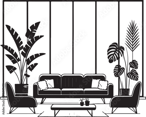 Elegant living room with sofa armchairs coffee table and plants Keywords: living room, interior, elegant, sofa, armchairs, coffee table, plants, potted plants, furniture, home, decor, design