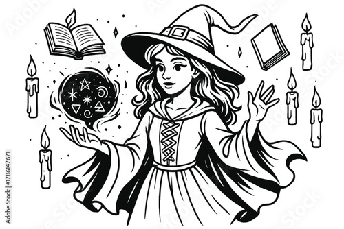 Witch's Enchanting Spellcasting. Young witch casting a spell with glowing runes, floating candles, and spellbooks flying around