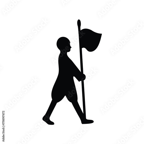Silhouette of a child carrying a flag walking with determination and pride