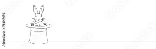 Continuous one line drawing of a rabbit in a magician's hat. Concept of magic, illusion and performance