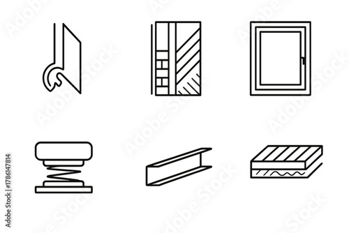 Soundproofing Technique Icons. Line style icons of Soundproofing Techniques: door seal strip, layered wall section, acoustic