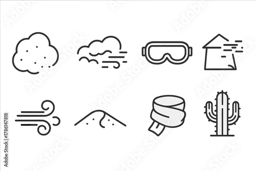 Sandstorm Line Icons. Line style icons of Sandstorm: Dust Cloud, Rolling Cloud, Goggles, Shelter, Wind, Sand Dune, Scarf, Cactus,