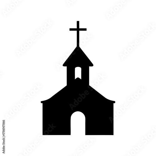 Simple black silhouette of a church building with a prominent cross