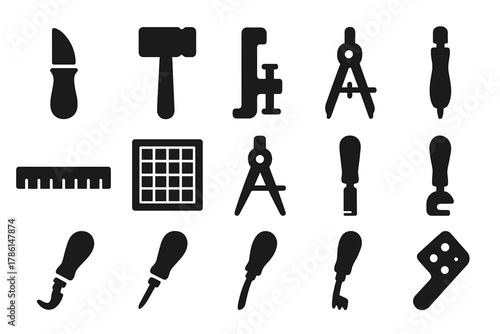 Workshop Tools Icons. Solid style icons of Workshop Tools: Knife, Mallet, Stitching Pony, Awl, Ruler, Cutting Mat, Compass, Chisel