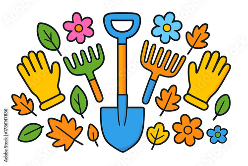 Garden Tools Symphony. Shovel in the middle with rakes, gloves, leaves, and flowers arranged in playful symmetry, bright colorful