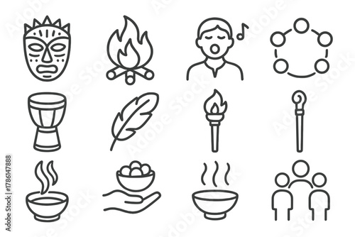 Sacred Ritual Icons. Line style icons of Sacred Gathering: Ritual Mask, Sacred Fire, Chant, Community Circle; Drum, Feather, Torch