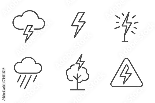 Thunderstorm Icon Set. Line style icons of Thunderstorm: Thundercloud, Bolt, Rod, Power Surge, Rain, Tree, Warning Sign, Flash, No
