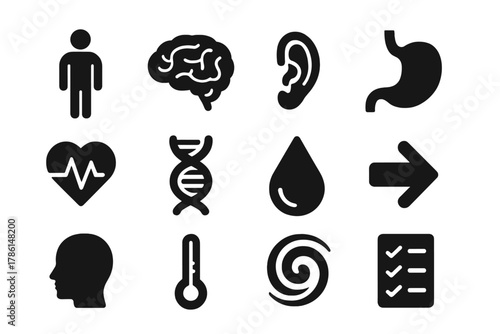 Human Physiology Icons. Solid style icons of individual susceptibility and physiology: human figure, brain, inner ear, stomach,